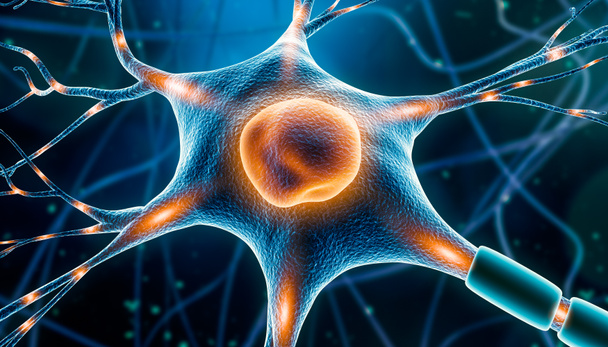 Neuron cel close-up 3D weergave illustratie met zenuwimpulsen langs de dendrieten, de axon, de soma en de kern. Neuronale en hersenactiviteit, zenuwstelsel, neurowetenschappen, neurologie, anatomie, geneeskundeconcepten. - Foto, afbeelding