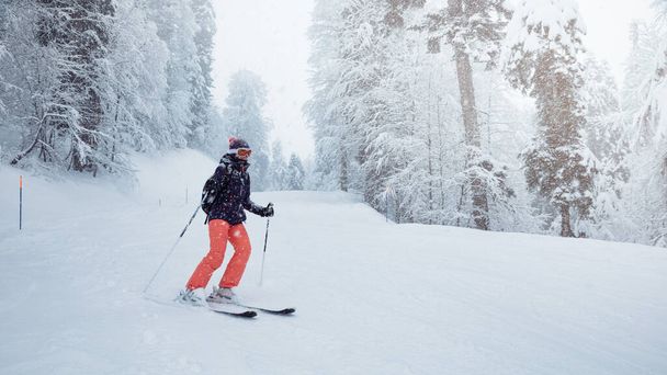 Young female skier sliding down the slope under snowfall - Zdjęcie, obraz