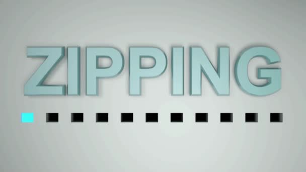 A írás ZIPPING kék betűkkel fehér alapon, egy piros pontozott progressziós sáv - 3D renderelés illusztráció - Felvétel, videó