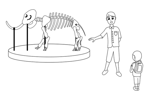 Гід під час екскурсії по музею показує скелет мамонта. батько з сином. контурна векторна ілюстрація
 - Вектор, зображення