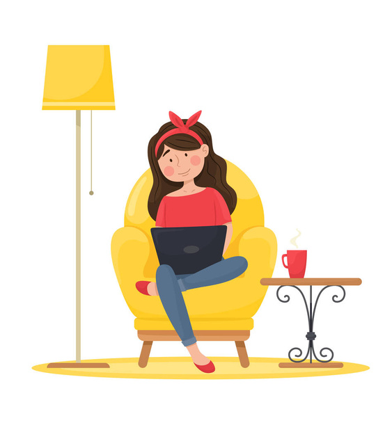 The girl in a comfortable chair works at the computer. Remote work. Vector illustration. - Vector, Image