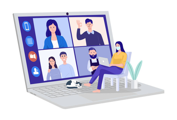 Video conferencing at home, Woman wearing protective mask having video call meeting with clients at home. Vector - Vector, Image