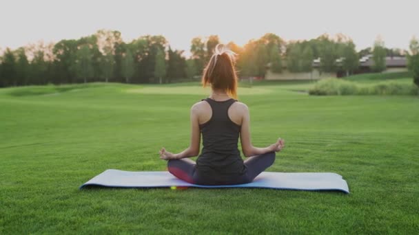 Junges Mädchen sitzt auf grünem Gras in Lotusposition, Yoga-Kurs bei Sonnenuntergang. - Filmmaterial, Video