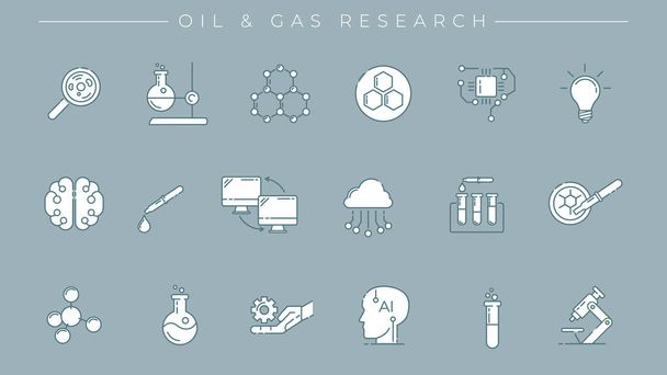 Conjunto de iconos vectoriales de estilo de línea de concepto de investigación de petróleo y gas - Vector, Imagen
