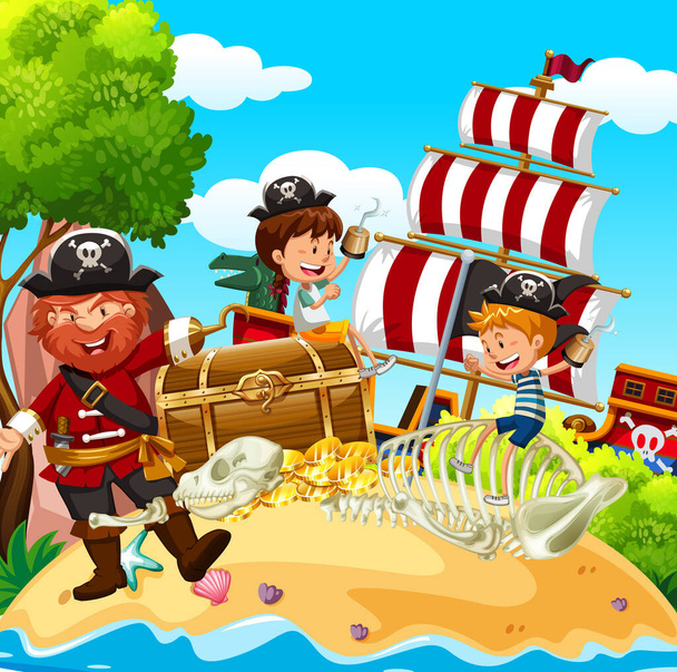 Escena con pirata y cofre del tesoro en la isla ilustración
 - Vector, imagen