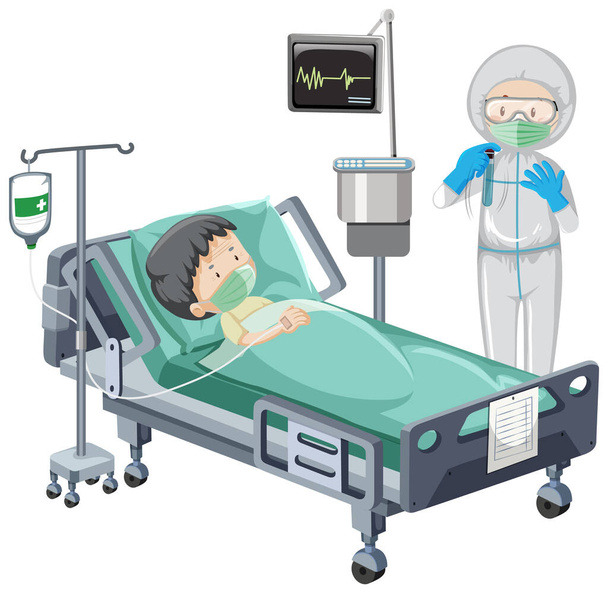 Escena hospitalaria con paciente enfermo en cama sobre fondo blanco ilustración - Vector, imagen