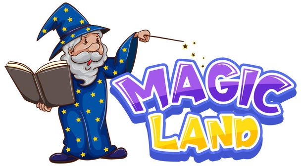 Font design for word magic land with old wizard illustration - Vektor, kép