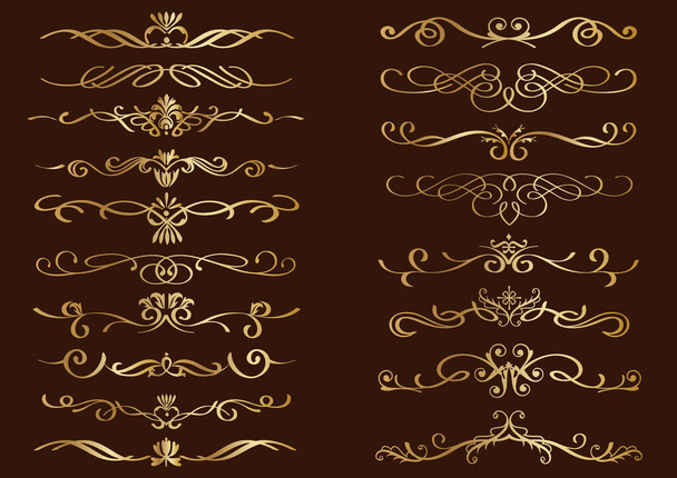 Set Of Gold Decorative Vector Borders Isolated On A Dark Background. - Vector, Image