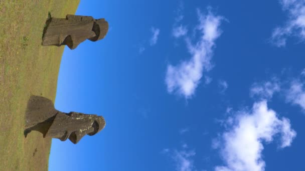VERTICAL: Λευκά σύννεφα αιωρούνται πάνω από δύο μεγάλα αγάλματα Μοάι σε απομακρυσμένο εξωτικό νησί. - Πλάνα, βίντεο