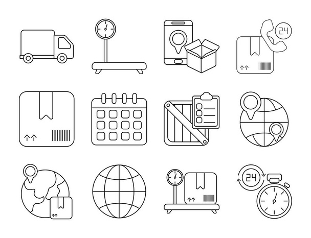 conjunto de ícones logística de entrega de frete, ícone de estilo de linha
 - Vetor, Imagem