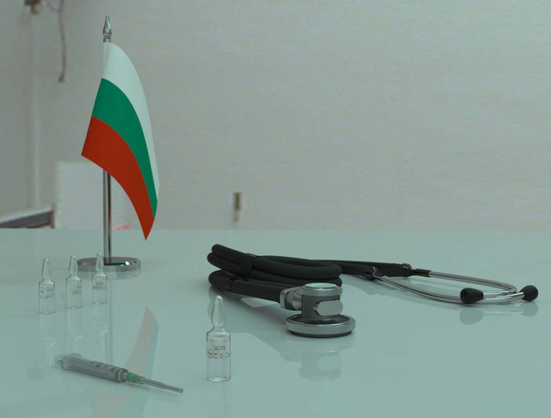 シリンジ、 COVID 19コロノウイルスワクチンとブルガリアの医療テーブル上のフォノ内視鏡. - 写真・画像