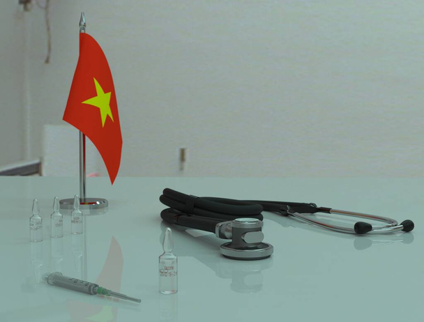 Spritze, COVID 19 Coronovirus-Impfstoff und Phonendoskop auf einem medizinischen Tisch in Vietnam. - Foto, Bild