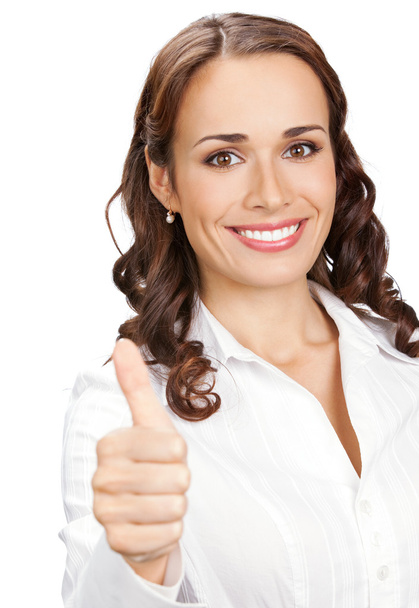 Woman with thumbs up gesture, over white - Foto, imagen