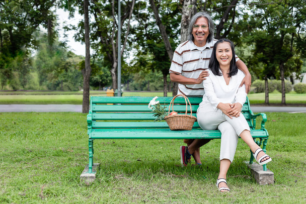 šťastný asijský starší pár sedí na zelené židli miláček objetí půvabný, piknik ve veřejném parku. - Fotografie, Obrázek
