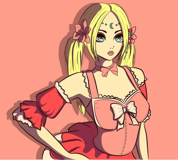 Blonde anime Cosplayer hizmetçi kostümü ve iki çiçek giyiyor. Lolita ve pembe elbiseli ve fiyonklu hippi kadın.. - Vektör, Görsel