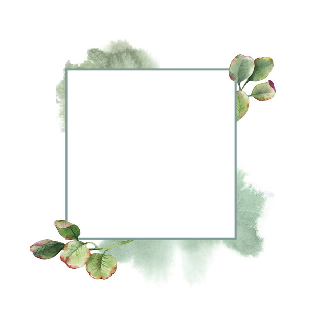 watercolor square frame wreath of green leaves and splash on white background for greetings card - Zdjęcie, obraz