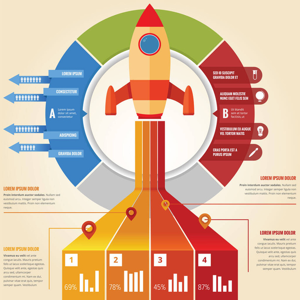 Business rocket infographic with pie chart and graphic - Vektör, Görsel
