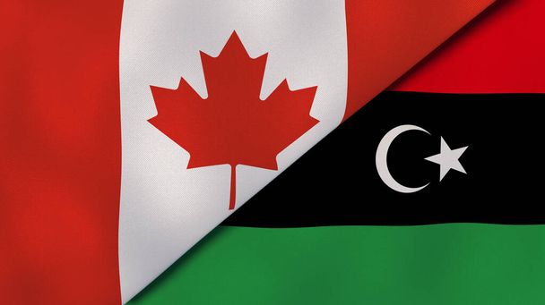 Zwei Staaten Flaggen von Kanada und Libyen. Hochwertiger geschäftlicher Hintergrund. 3D-Illustration - Foto, Bild
