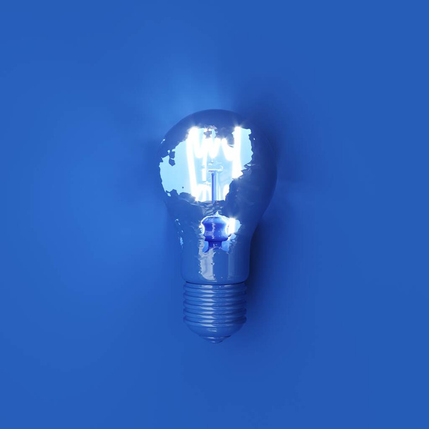 Classic Blue Light bulb Color Crack Con resplandor de iluminación sobre fondo azul. Ideas conceptuales mínimas. Vista superior. Renderizado 3D
. - Foto, Imagen
