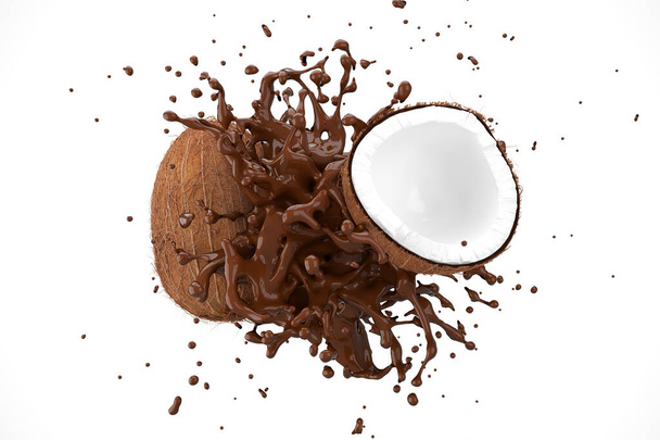 Взрывной шоколад с кокосовыми фруктами на белом фоне. 3D Render
. - Фото, изображение
