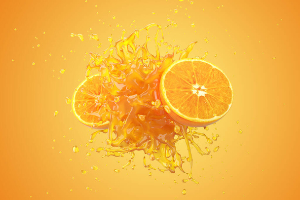Explosion Orange juice liquid with Orange fruit on yellow background. 3D Render. - Фото, изображение
