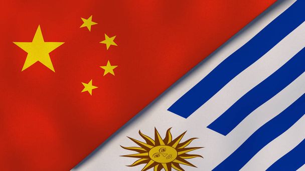 Çin ve Uruguay 'ın iki bayrağı. Kaliteli bir iş geçmişi. 3d illüstrasyon - Fotoğraf, Görsel