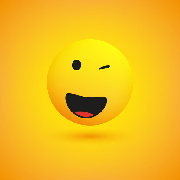 Smiling and Winking Simple Shiny Happy Emoticon on Yellow Background - Vector Design - Vecteur, image