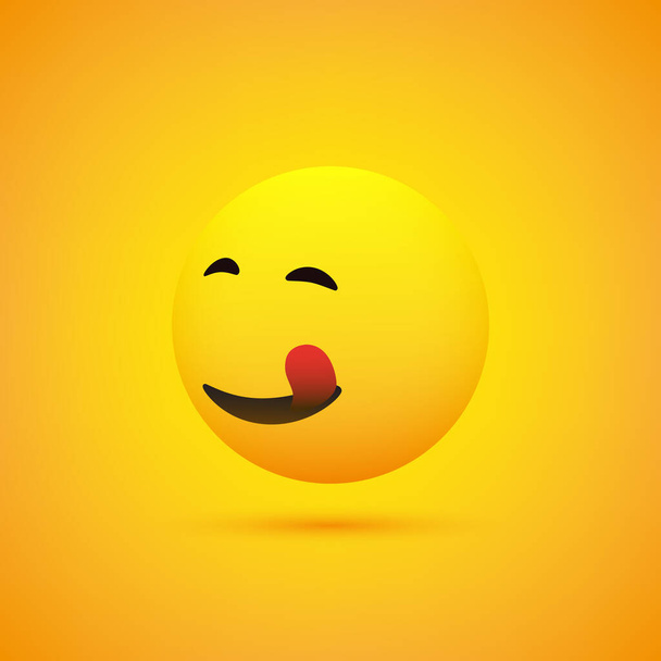 3D Smiling, Mounth Licking Face, View from Side - Simple Happy Emoticon on Yellow Background - Vector Design - Vecteur, image