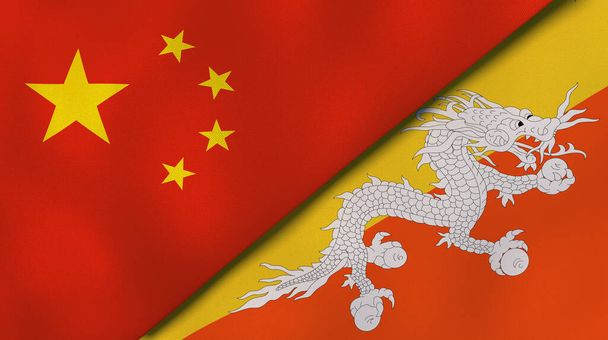 Dva státy vlajky Číny a Bhútánu. Vysoce kvalitní obchodní zázemí. 3D ilustrace - Fotografie, Obrázek