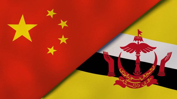 Dva státy vlajky Číny a Brunej. Vysoce kvalitní obchodní zázemí. 3D ilustrace - Fotografie, Obrázek