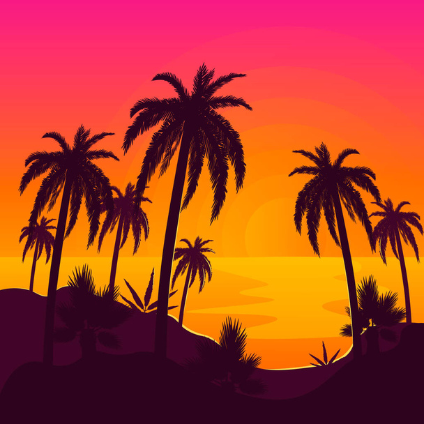 Praia tropical com palmeiras e oceano com reflexão solar
. - Vetor, Imagem