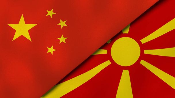 Dva státy vlajky Číny a Makedonie. Vysoce kvalitní obchodní zázemí. 3D ilustrace - Fotografie, Obrázek