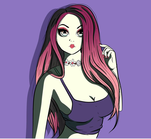 Anime grunge girl wearing a purple sport bra. Manga style avatar with a goth look. - Διάνυσμα, εικόνα