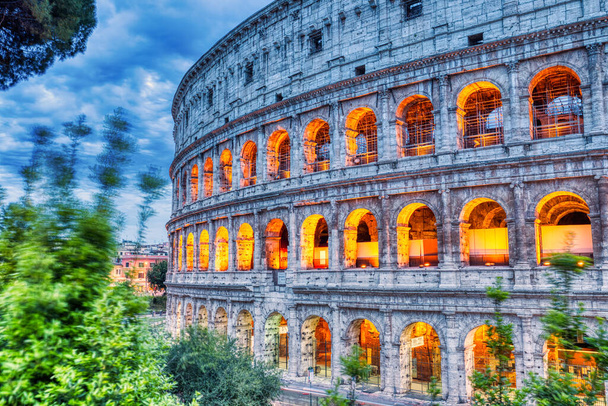 Illuminated Colosseum at Dusk, Rome, Italy - Photo, Image