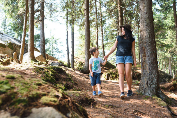 Молодая мама с маленьким мальчиком путешествует. семейное путешествие в горы. Национальный парк. Прогулка с детьми. Активный летний отдых. Объектив Fisheye
 - Фото, изображение