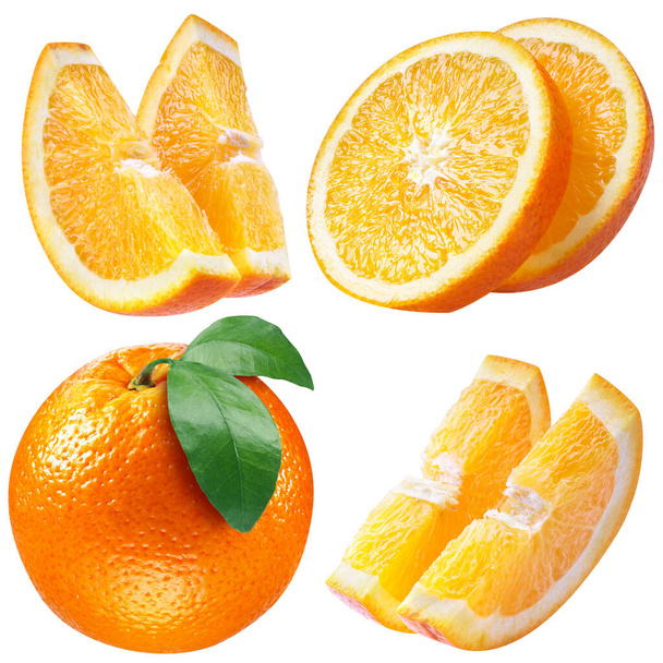 orange fruits with leaf and slices on white. collection with clipping path - Foto, Imagem