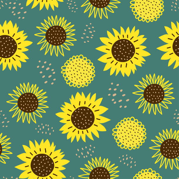 Seamless pattern with sun flowers. Cute hand drawn cartoon childish drawing style. Colorful background with ink texture vector illustration, good for fashion textile print. - Wektor, obraz