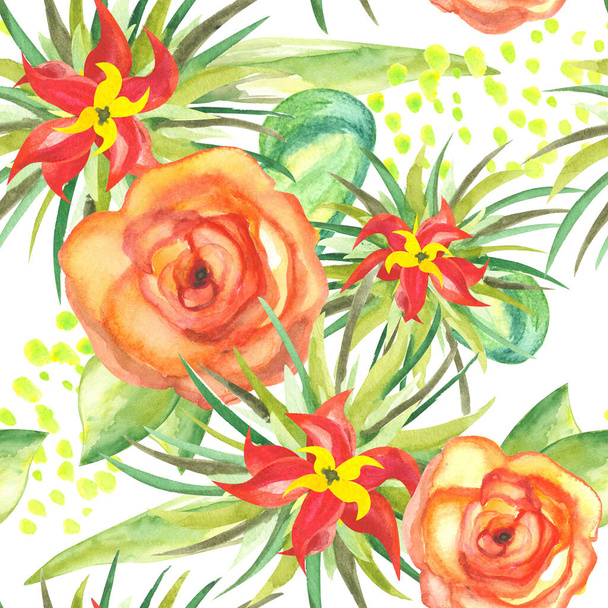бесшовный рисунок акварели тропических растений с цветущими цветами точек и листвы на белом фоне
 - Фото, изображение