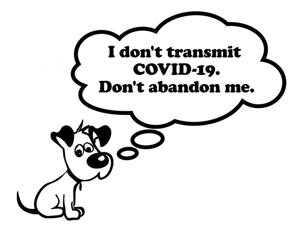 Image of a sad puppy with message "I don't transmit COVID-19. Don't abandon me." inside the comic cloud. It can be used as a poster, wallpaper, design t-shirts and more. - Photo, Image