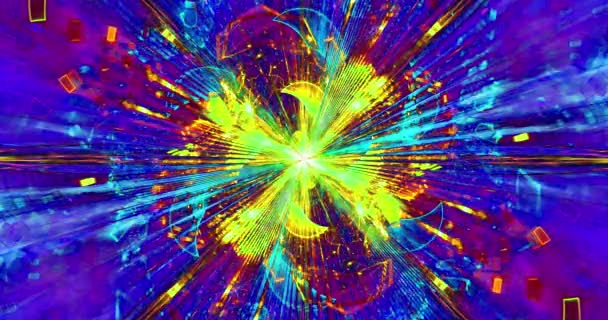 Snelle kleur veranderende loopable abstracte fractal achtergrond gemaakt van een ingewikkelde grote centrale ster met decoratieve balken, bogen, ringen en rechthoekige tegels in donkere levendige kleuren, 4k, 4096, 25fps - Video