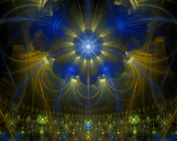 Fond fractal abstrait avec une grande étoile au motif géométrique décoratif complexe ressemblant presque à une fleur aux couleurs brillantes
. - Photo, image