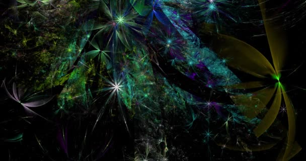 Snelle kleur veranderende abstracte moderne fractal achtergrond met gedraaide onderling verbonden psychedelische ruimte bloemen met ingewikkelde decoratieve patroon rondom hen in gloeiende kleuren, 4k, 4096p, 25fps - Video