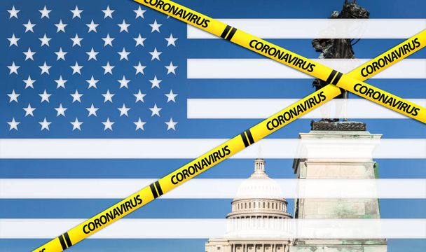 ABD Kongre Binası, Grant heykeli ve koronavirüs karantina işaretleri üzerinde Amerikan bayrağı - Fotoğraf, Görsel