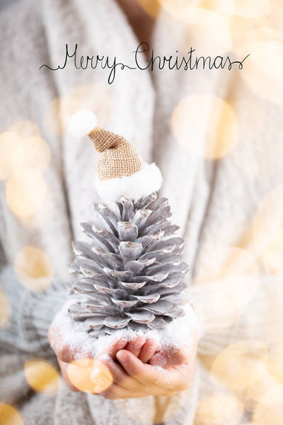 Winter Concept Young Hands Holding christmas decor.  Christmas decoration idea. Christmas decor in the hands of a woman, background with gold bokeh. - Fotó, kép