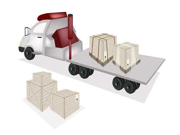 een trekker trailer flatbed laden houten kratten - Vector, afbeelding