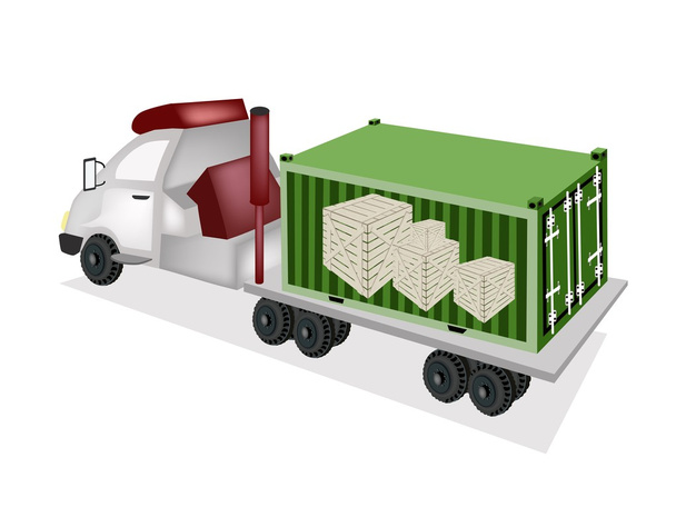 flatbed aanhangwagen houten kratten in cargo container laden - Vector, afbeelding