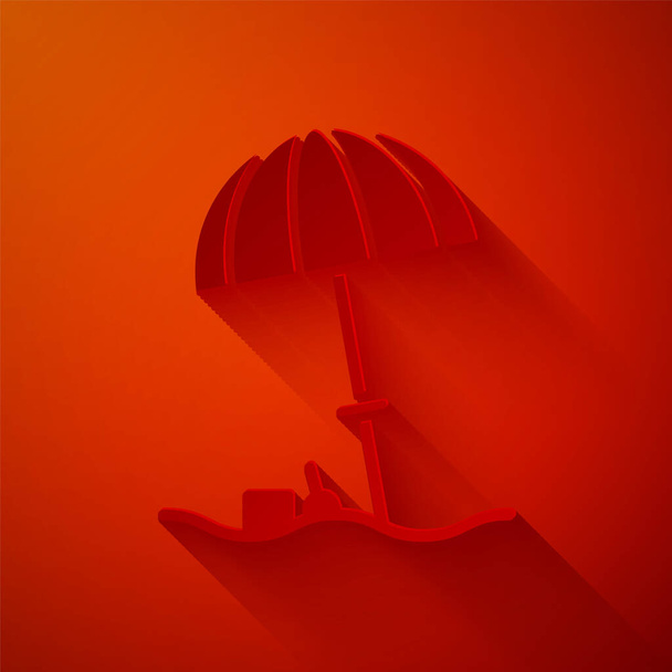 紙カット赤い背景に隔離されたビーチアイコンのための日保護傘。屋外空間のための大きなパラソル。ビーチ傘。紙のアートスタイル。ベクターイラスト - ベクター画像