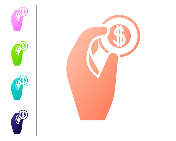 Coral Hand pitää kolikon rahaa kuvake eristetty valkoisella pohjalla. Dollari tai USD-symboli. Käteispankkivaluutan merkki. Aseta värikuvakkeet. Vektorikuvaus
 - Vektori, kuva