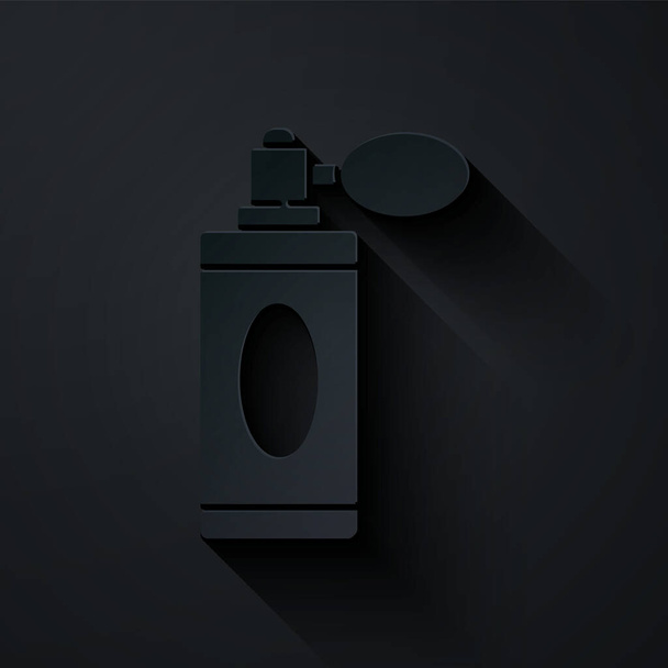 Χαρτί κοπής Aftershave μπουκάλι με εικονίδιο ψεκαστήρα απομονώνονται σε μαύρο φόντο. Εικόνα ψεκασμού Κολωνίας. Αρσενικό μπουκάλι άρωμα. Στυλ χάρτινης τέχνης. Εικονογράφηση διανύσματος - Διάνυσμα, εικόνα