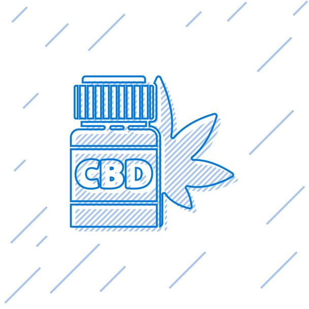 Ligne bleue Bouteille médicale avec icône de marijuana ou de feuille de cannabis isolée sur fond blanc. Maquette d'extraits d'huile de cannabis dans des pots. Illustration vectorielle
 - Vecteur, image